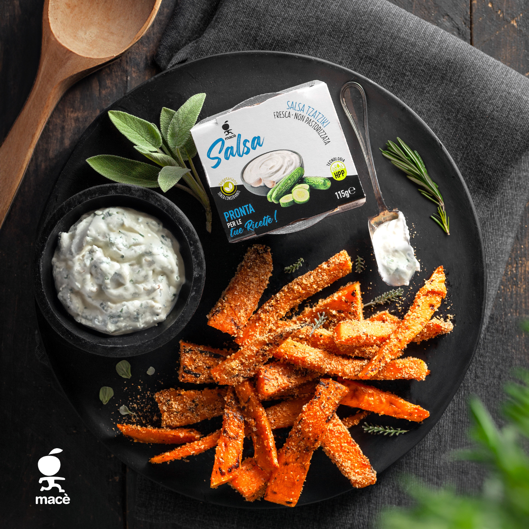 Baked pumpkin sticks recipe accompanied by Mace' tzatziki sauce. Perfect fall recipe.